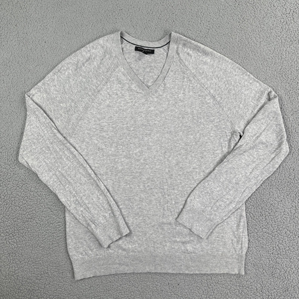 Banana Republic Cotton Sweater Men Large Heather Grey V-Neck Soft Banded Waist